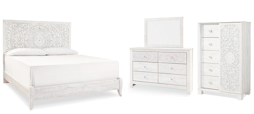 Paxberry King Panel Bed with Mirrored Dresser and Chest Huntsville Furniture Outlet