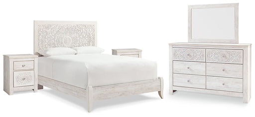 Paxberry Queen Panel Bed with Mirrored Dresser and 2 Nightstands Huntsville Furniture Outlet