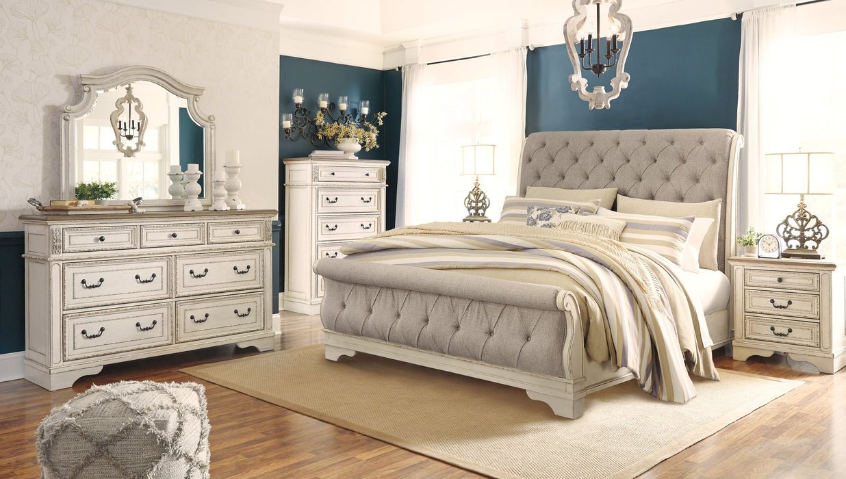 Realyn California King Sleigh Bed with Mirrored Dresser, Chest and 2 Nightstands Huntsville Furniture Outlet