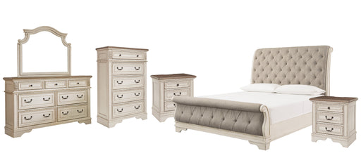 Realyn California King Sleigh Bed with Mirrored Dresser, Chest and 2 Nightstands Huntsville Furniture Outlet