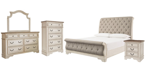 Realyn California King Sleigh Bed with Mirrored Dresser, Chest and Nightstand Huntsville Furniture Outlet