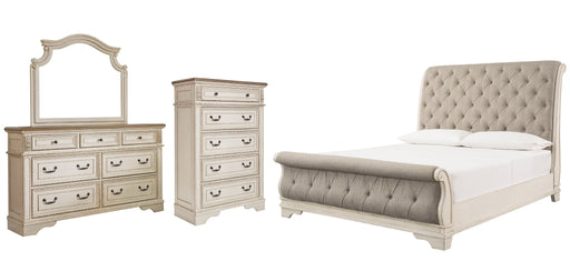 Realyn California King Sleigh Bed with Mirrored Dresser and Chest Huntsville Furniture Outlet