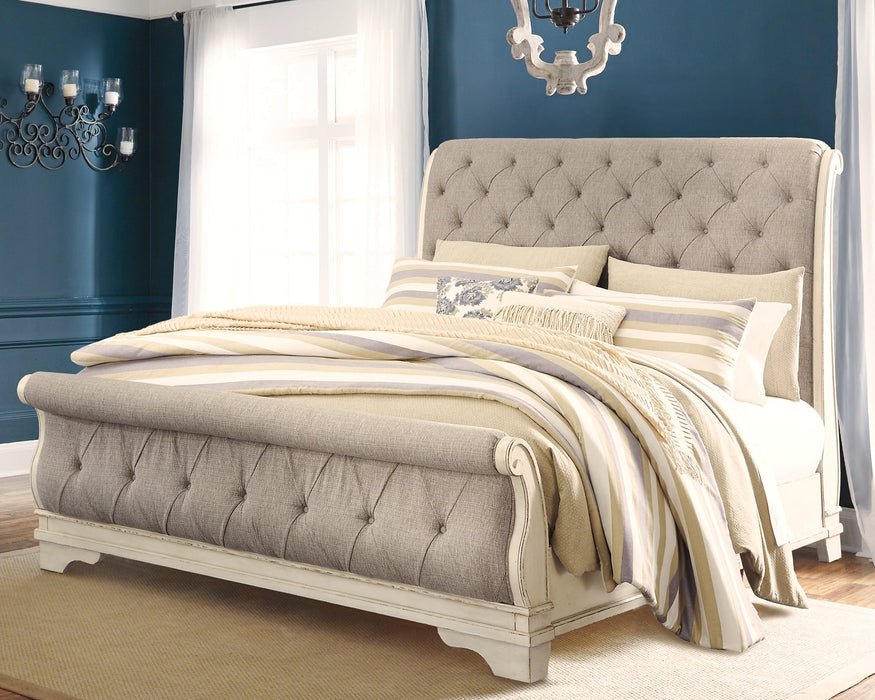 Realyn California King Sleigh Bed with Mirrored Dresser and Chest Huntsville Furniture Outlet