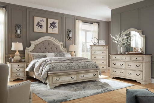 Realyn California King Upholstered Bed with Mirrored Dresser Huntsville Furniture Outlet