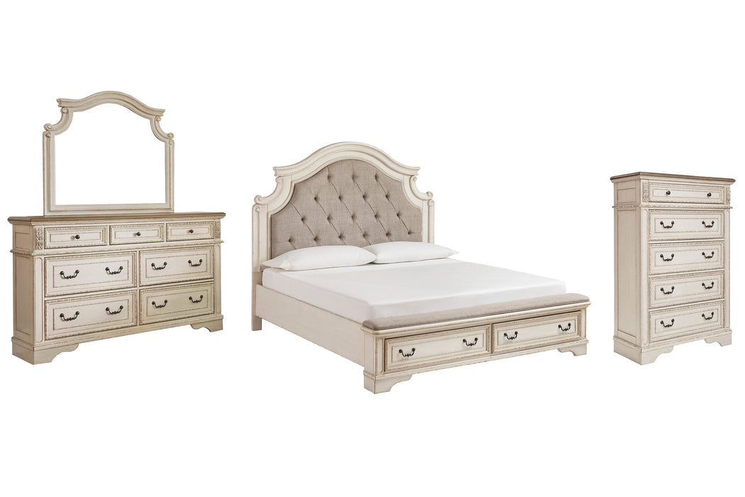 Realyn California King Upholstered Bed with Mirrored Dresser and Chest Huntsville Furniture Outlet