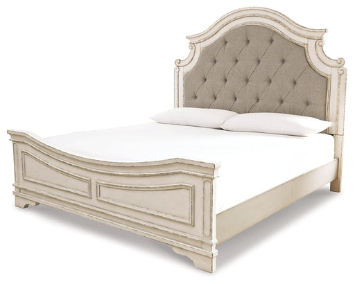 Realyn California King Upholstered Panel Bed with Mirrored Dresser Huntsville Furniture Outlet