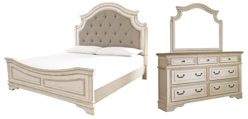 Realyn California King Upholstered Panel Bed with Mirrored Dresser Huntsville Furniture Outlet