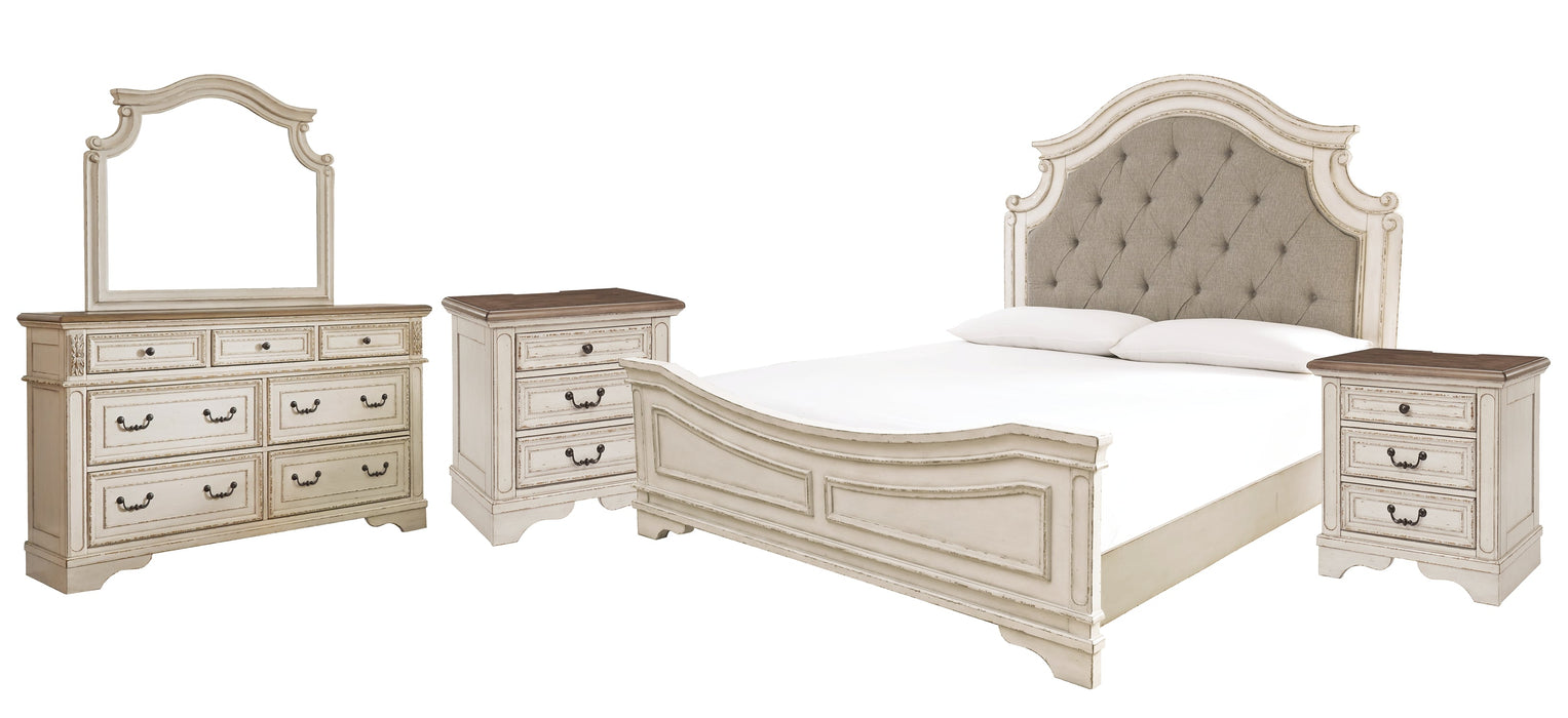 Realyn California King Upholstered Panel Bed with Mirrored Dresser and 2 Nightstands Huntsville Furniture Outlet