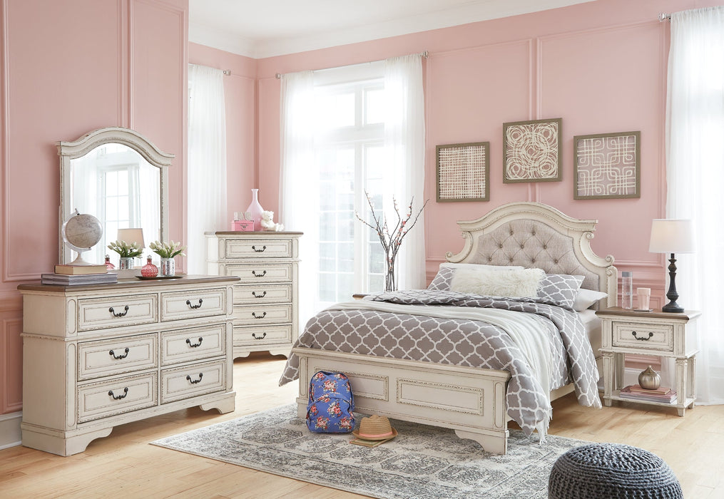 Realyn Full Panel Bed with Mirrored Dresser, Chest and Nightstand Huntsville Furniture Outlet