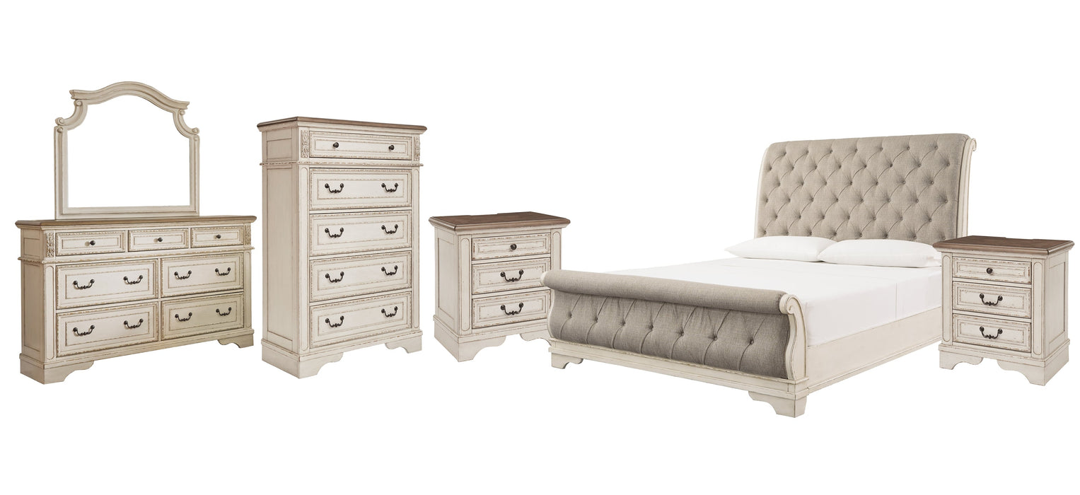 Realyn King Sleigh Bed with Mirrored Dresser, Chest and 2 Nightstands Huntsville Furniture Outlet