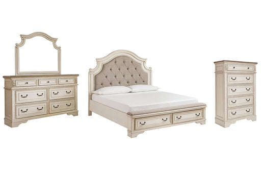 Realyn King Upholstered Bed with Mirrored Dresser and Chest Huntsville Furniture Outlet