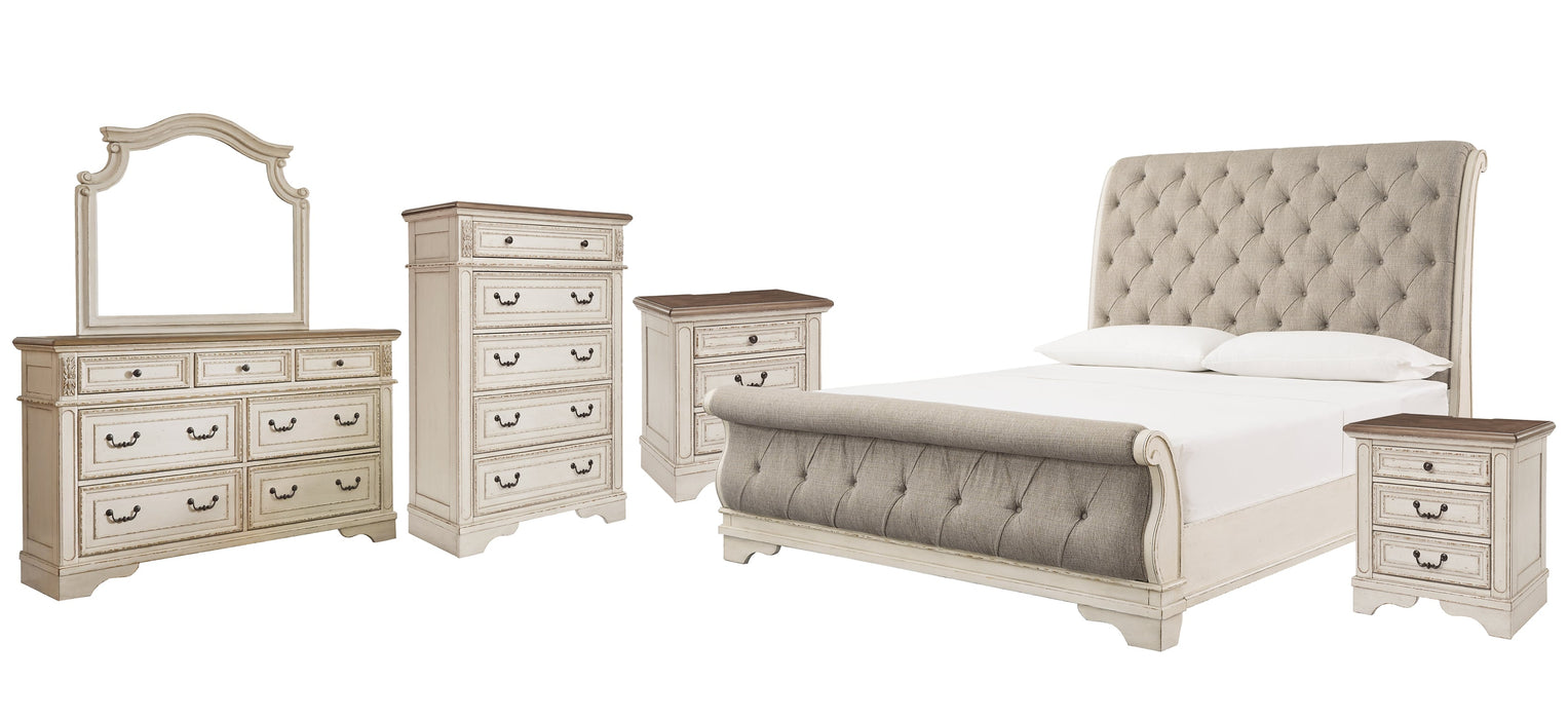 Realyn Queen Sleigh Bed with Mirrored Dresser, Chest and 2 Nightstands Huntsville Furniture Outlet