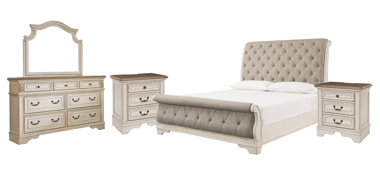 Realyn Queen Sleigh Bed with Mirrored Dresser and 2 Nightstands Huntsville Furniture Outlet