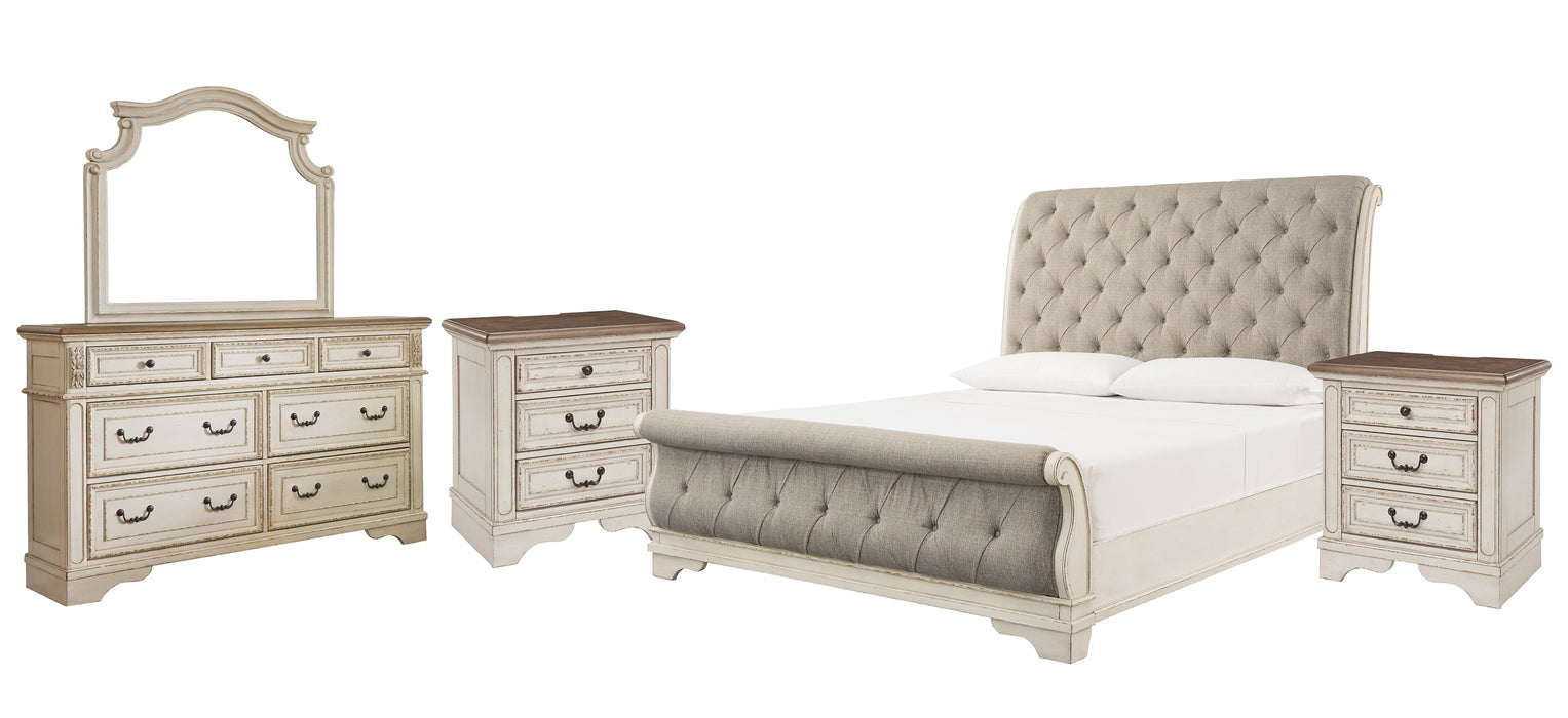 Realyn Queen Sleigh Bed with Mirrored Dresser and 2 Nightstands Huntsville Furniture Outlet