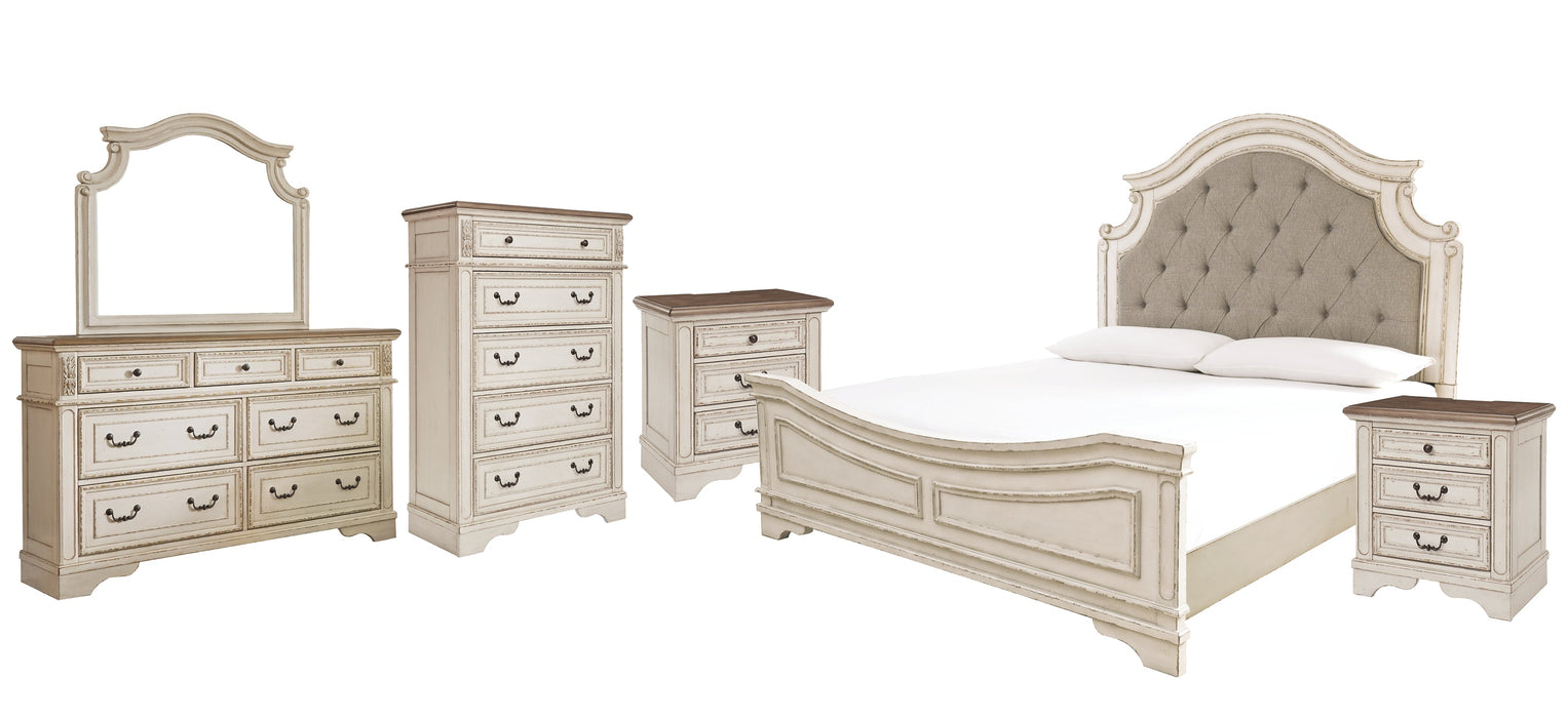 Realyn Queen Upholstered Panel Bed with Mirrored Dresser, Chest and 2 Nightstands Huntsville Furniture Outlet