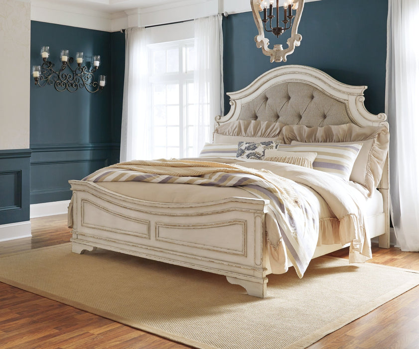 Realyn Queen Upholstered Panel Bed with Mirrored Dresser and 2 Nightstands Huntsville Furniture Outlet