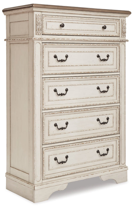 Realyn Queen Upholstered Panel Bed with Mirrored Dresser and Chest Huntsville Furniture Outlet