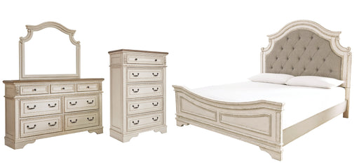 Realyn Queen Upholstered Panel Bed with Mirrored Dresser and Chest Huntsville Furniture Outlet