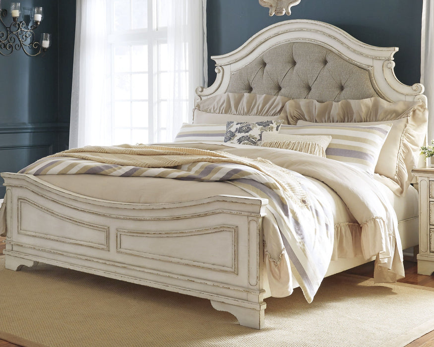 Realyn Queen Upholstered Panel Bed with Mirrored Dresser and Chest Huntsville Furniture Outlet