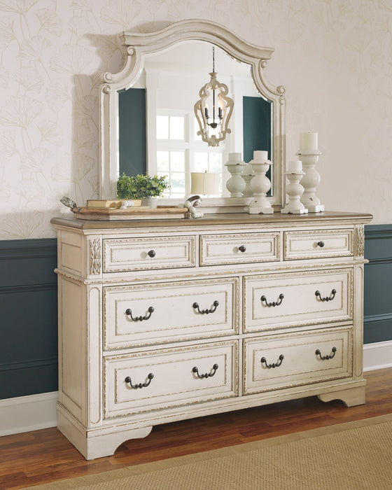 Realyn Queen Upholstered Panel Bed with Mirrored Dresser and Chest Huntsville Furniture Outlet