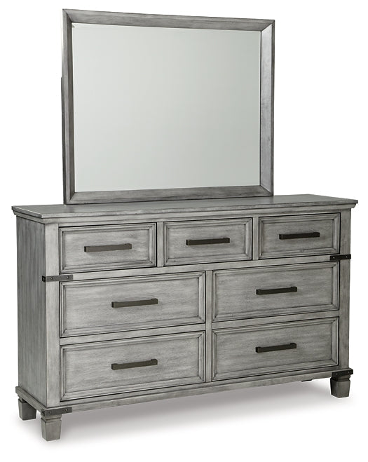 Russelyn King Storage Bed with Mirrored Dresser and Chest Huntsville Furniture Outlet