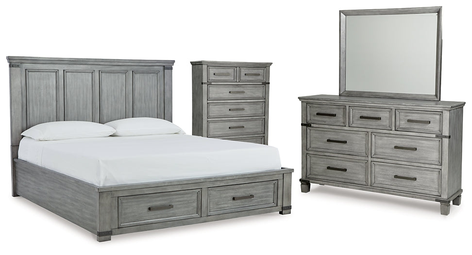 Russelyn King Storage Bed with Mirrored Dresser and Chest Huntsville Furniture Outlet