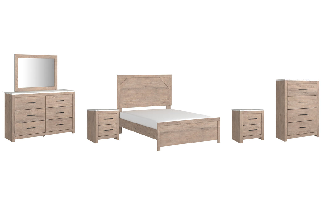 Senniberg Full Panel Bed with Mirrored Dresser, Chest and 2 Nightstands Huntsville Furniture Outlet