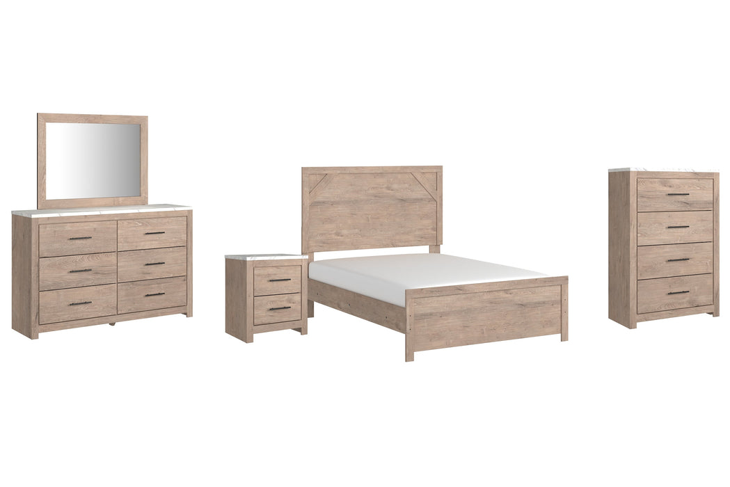 Senniberg Full Panel Bed with Mirrored Dresser, Chest and Nightstand Huntsville Furniture Outlet